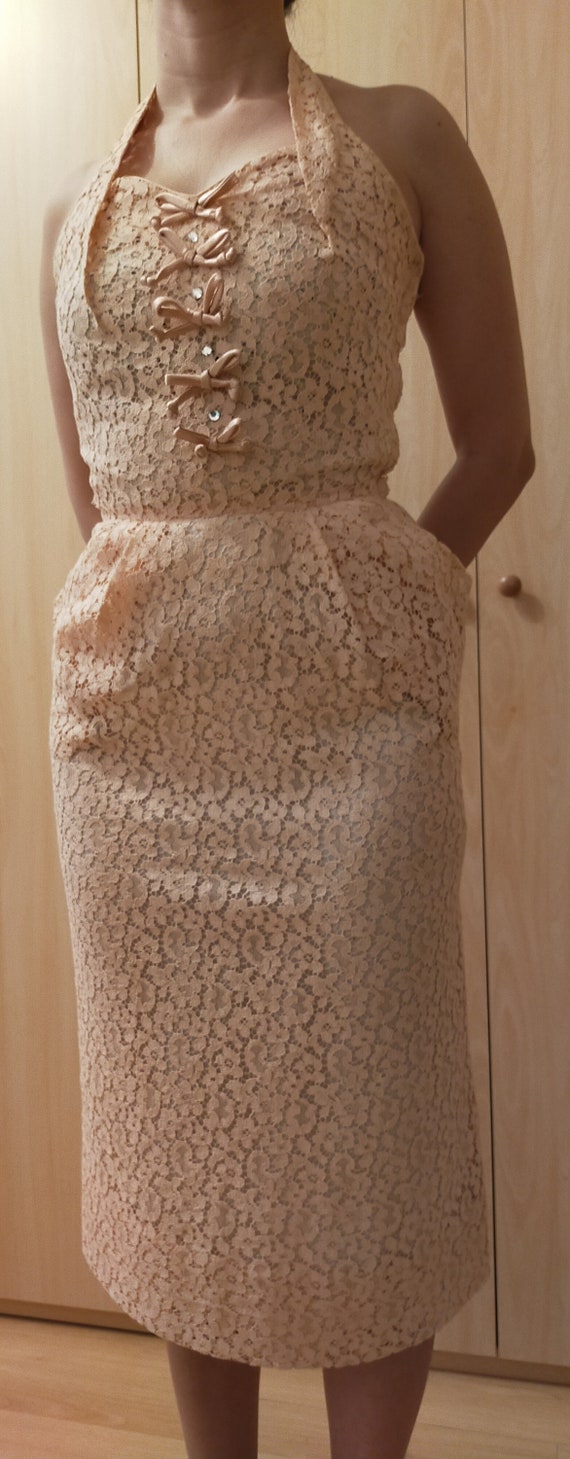 1950s light pink pencil dress with rhinestone Gem