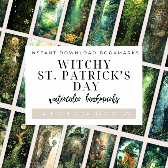 Witchy St Patrick's Day Bookmarks, Lucky Shamrocks, Whimsical Woodland Animals, Forest Fairies, Magical Instant Digital Download Printables