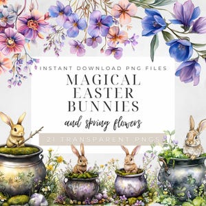 Magical Easter Bunnies & Watercolor Spring Flowers Clip Art, Whimsical Ostara Printable, Witchy Illustrations, Instant Digital Download