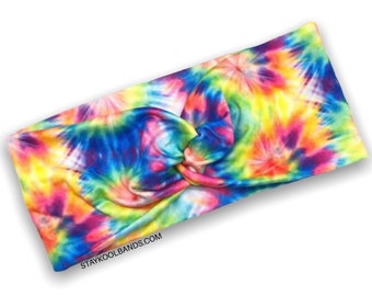 Rainbow Tie Dye Headband - Bold Colorful Circle Print Tie Die - Stretchy Fabric Hair Band for Exercise or Every Day Wear - Adults