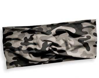 Camouflage Twist Headband - Unisex Grey Camo Everyday - Soft Brushed Fabric - Gray Super Soft Non Slip, Scrunchie