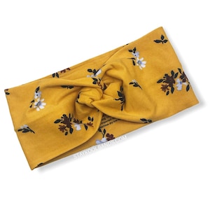 Yellow Floral Everyday Twist - Adult Teen Kid - Deep Yellow, Mustard - Turban Headband Gift for Women Her - Wide Stretch Hairband Christmas