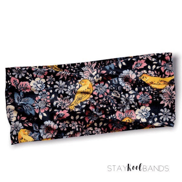 Navy Springtime Floral Headband - Yellow Bird Lover Lover - Twisted Soft Head Band - Stretch Spandex Hairband for Her Gift Mom