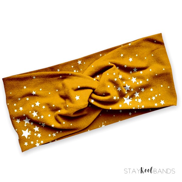Stars on Yellow Headband - Faux Twist Mustard Golden Soft Hairband - Sized for Her Women - Gift for Mom Sister Girl Friend - Wide Flat Band