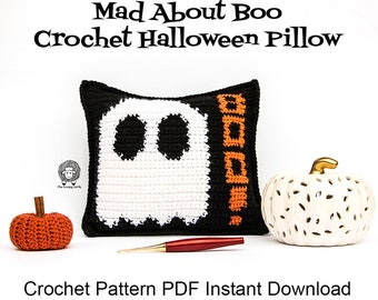 Mad About Boo かぎ針編みハロウィン枕 - かぎ針編みパターン PDF 即時ダウンロード - ハロウィンかぎ針編み、かぎ針編み枕、ハロウィン枕