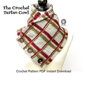 May include: Crochet Tartan Cowl pattern, a PDF instant download. The cowl is a gray, green, and red plaid pattern with three brown buttons.