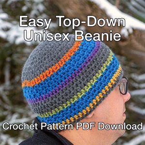 Easy Top-Down Unisex Crochet Beanie Pattern - PDF Instant Download - Crochet Hat Pattern, Crochet Hat for Men, Gender Neutral Hat Pattern