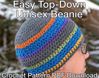 Easy Top-Down Unisex Crochet Beanie Pattern - PDF Instant Download - Crochet Hat Pattern, Crochet Hat for Men, Gender Neutral Hat Pattern