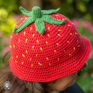 Häkelanleitung für einen Erdbeer-Bucket-Hat, anfängerfreundlich, Größen von Baby bis Erwachsene (PDF-Download)