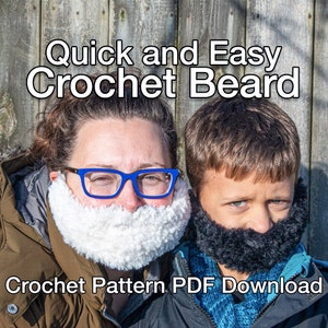 May include: Two people wearing crocheted beards, one white and one black. The text "Quick and Easy Crochet Beard" is above them, and "Crochet Pattern PDF Download" is below them.