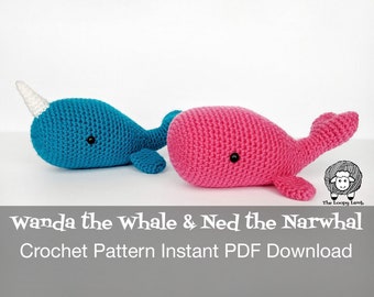 Crochet Whale Pattern - Wanda the Whale and Ned the Narwhal -  Crochet Pattern Instant Download, Amigurumi Whale Pattern, Crochet Narwhal