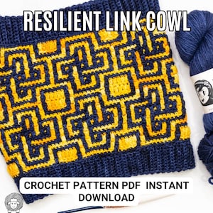 May include: A crochet cowl pattern featuring a geometric design in yellow and blue. The pattern is called "Resilient Link Cowl" and is available as an instant download.