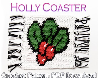 Crochet Christmas Coaster Pattern – Holly Tapestry Mug Rug (PDF Pattern)