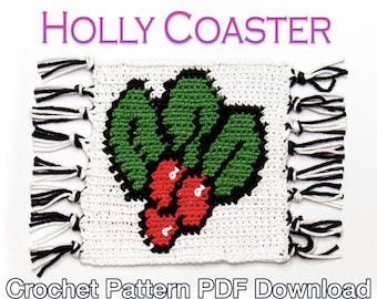 Crochet Christmas Coaster Crochet Pattern - PDF Pattern Instant Download: Holly Christmas Coaster, Christmas Mug Rug, Crochet Coaster