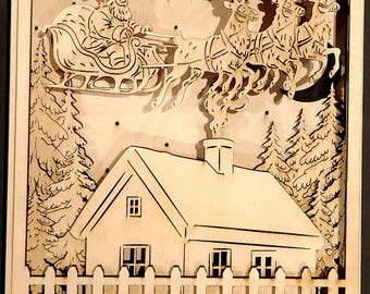 Santa & Reindeer Christmas Scene – DIY Wooden Holiday Art Kit | Laser Cut Shadowbox Craft