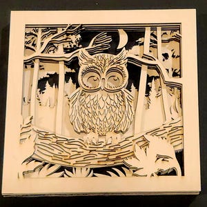 May include: A layered wooden art piece featuring an owl perched on a branch in a forest scene. The artwork is made of light-colored wood, with a crescent moon and trees in the background. The owl has detailed feather patterns.