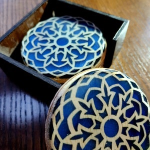 Artisan Wood & Resin Coaster Set of 4 Laser-Cut Mandala Coasters with Custom Storage Box, Ideal for Wedding Gift or House Warming.