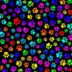 May include: A black fabric featuring a repeating pattern of small paw prints in vibrant neon colors including pink, blue, green, yellow, and orange. The paw prints are scattered across the dark background in various orientations and sizes.