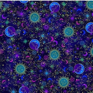 Novità! Tessuto "Cosmos" con Sole, Luna e Stelle, Galassia Celeste! 100% cotone, 1/4, 1/2 o 1 iarda x 45" Timeless Treasures • Preferito dai clienti! Spedizione veloce!