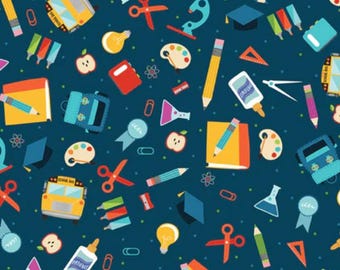 May include: A repeating pattern of school-themed illustrations on a dark blue background. The design includes yellow pencils, red apples, school buses, glue bottles, scissors, paint palettes, and other school supplies.
