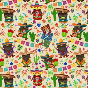 Novo! Gnomos "Gnomebre" Cinco De Mayo, Tecido Folclórico! 100% Algodão. 1/4, 1/2 ou 1 yd x 45" Por Timeless Treasures! Tão fofo! Envio rápido!