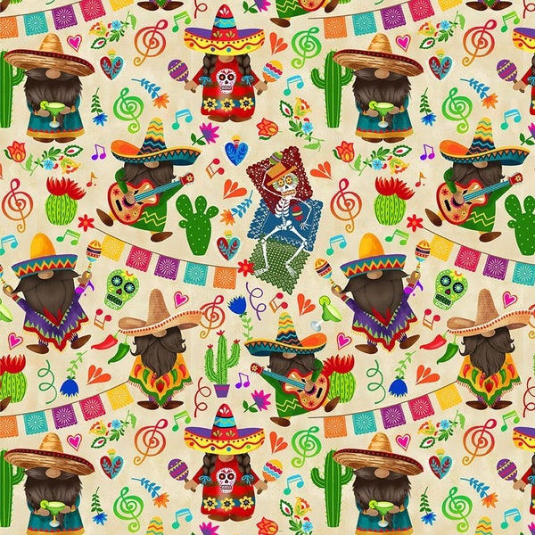 New! "Gnomebre" Cinco De Mayo Gnomes, Folkloric Fabric! 100% Cotton. 1/4, 1/2, or 1 yd x 45" By Timeless Treasures! So Cute! Fast Ship!