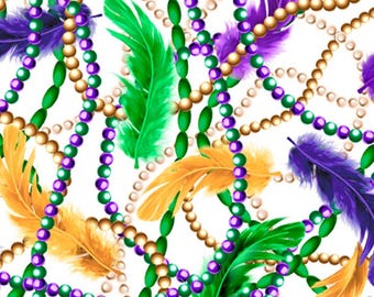 ¡Nueva! Tela "Mardi Gras" con plumas y cuentas de Mardi Gras. Algodón • 1/4, 1/2 o 1 yarda x 44" • ¡De QT Fabrics! Blanco/Multicolor • ¡Envío rápido!
