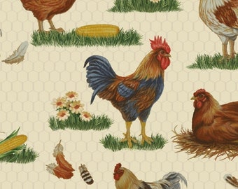 New! "The Chicken Club" Roosters, and Chickens Fabric! 100% Cotton. 1/4, 1/2, or 1 yd x 44"! Cream/Multi•By Studio E Fabrics•Fast Ship!SALE