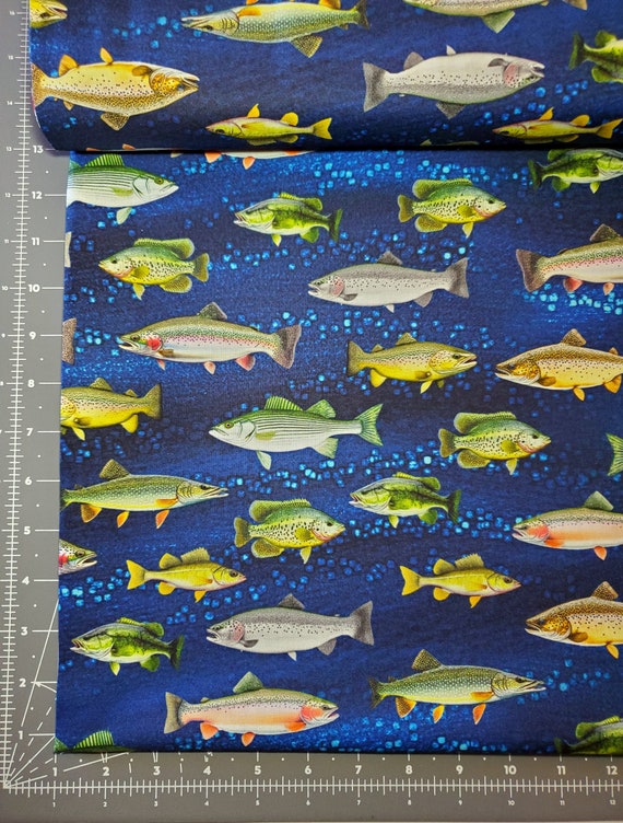 New lakeside Cabin Fish, Lake Fish,fishing Fabric 100% Cotton. 1/4, 1/2, or  1 Yd X 45 Blue Background by Timeless Treasuresfast Ship 