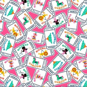 May include: A pink background is covered with white circus tickets. Each ticket features circus-themed illustrations, including a magician rabbit, a lion jumping through a hoop, and a green horse. The word "CIRCUS" is prominently displayed.