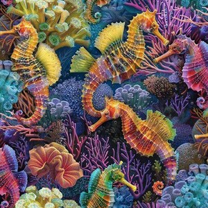 Puede incluir: Ilustraci&oacute;n vibrante de caballitos de mar y corales. Los caballitos de mar son de color naranja, amarillo, verde y morado, con detalles intrincados. El coral es rojo, morado, azul y amarillo, creando una rica escena submarina.