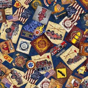 New! "American Heroes Firefighter" Fireman Patches Fabric•100% Cotton•1/4, 1/2, or 1 yd x 44"•Navy•By Dan Morris! Cust Fav! Fast Ship!