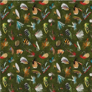 May include: A green background with a repeating pattern of colorful fishing flies. The flies are arranged in a random pattern and are all different shapes and sizes.