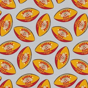 New! &quot;What A Catch&quot; Kansas City Chiefs,KC Heart Hands, Football Fabric! 100% Cotton•1/4, 1/2, 1 yd x 45&quot; Grey•Paintbrush Studio•Fast Ship!