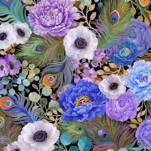 New! &quot;Flourish&quot; Peacock Feathers and Florals, Flower Fabric! 100% Cotton•1/4, 1/2, 1 yd x 45&quot;! Timeless Treasures•STUNNING! Fast Ship!