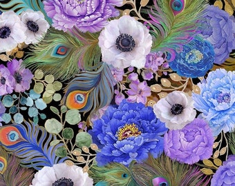 Novidade! Tecido floral "Flourish" com penas de pavão! 100% algodão • 1/4, 1/2, 1 jarda x 114 cm! Tesouros Atemporais • DESLUMBRANTE! Envio rápido!