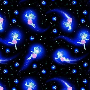 New~Glows! &quot;Magic Moon Garden&quot; Fairies and Fireflies Fabric! 100% Cotton. 1/4, 1/2, 1 yd x 44&quot;! Henry Glass•Blk/Pur•Fast Ship! SALE!