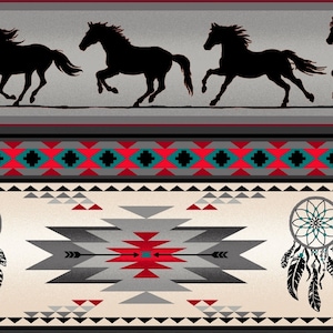 New! &quot;Tucson&quot; Southwest Horse, Native Inspired Fabric•100% Cotton•1/4, 1/2, 1 yd x 44&quot; Grey/Multi•Elizabeths Studio! Fast Ship!