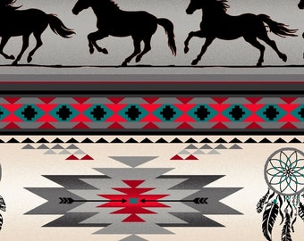 New! "Tucson" Southwest Horse, Native Inspired Fabric•100% Cotton•1/4, 1/2, 1 yd x 44" Grey/Multi•Elizabeths Studio! Fast Ship!