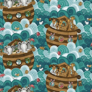 New! &quot;Two By Two&quot; Noah&#39;s Ark, Religious, Nursery Fabric! 100% Cotton•1/4, 1/2, or 1 yd x 43&quot;! Turq/Multi•Henry Glass! Cust Fav! Fast Ship!