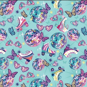 May include: A repeating pattern on a light blue background featuring disco balls, roller skates, heart-shaped sunglasses, and butterflies. The disco balls are made of colorful squares. The roller skates have rainbow stripes. The butterflies are purple and gold.