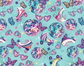 May include: A repeating pattern on a light blue background featuring disco balls, roller skates, heart-shaped sunglasses, and butterflies. The disco balls are made of colourful squares. The roller skates have rainbow stripes. The butterflies are purple and gold.
