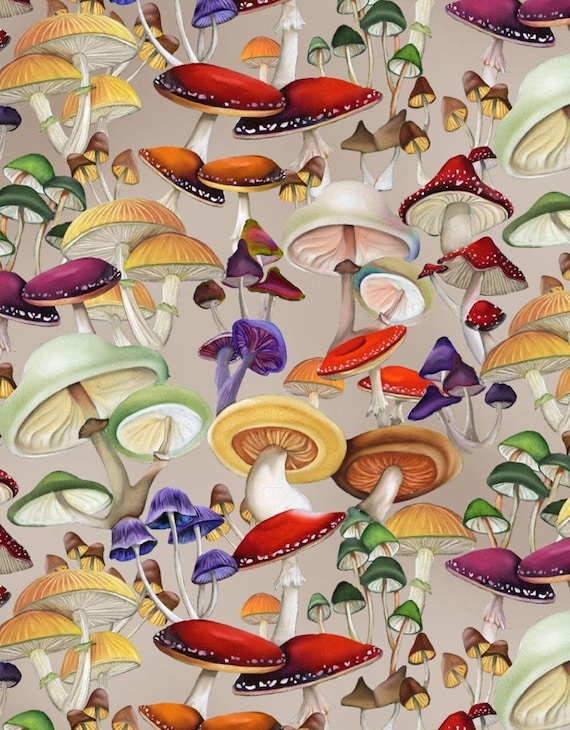 New! "Bird Song" Mushroom, Mushrooms, Nature Fabric! 100% Cotton. 1/4, 1/2, 1 yd x 44"! By Clothworks! Taupe/Multi•Fast Ship! SALE!