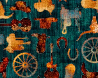 New! "Born To Run" Saddles, Boots, Western Motifs Fabric! 100% Cotton•1/4, 1/2, 1 yd x 44"! By Quilting Treasures! Drk Teal•Fast Ship!