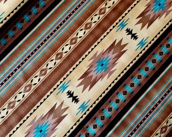 New! "Tucson" Southwest Blanket, Southwest Stripe Fabric! 100% Cotton. 1/4, 1/2, or 1 yd x 44"! Sepia/Turq•Gorgeous! Fast Ship!