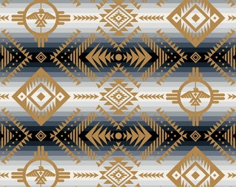 Könnte beinhalten: Ein nahtloses Muster mit einem von amerikanischen Ureinwohnern inspirierten Design mit geometrischen Formen in Gold-, Weiß- und Schwarztönen auf grauem Hintergrund.