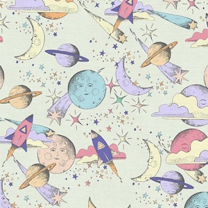 May include: A whimsical pattern featuring celestial elements like planets, moons with faces, rockets, stars, and clouds in pastel colors. The design has a vintage, hand-drawn aesthetic, perfect for space-themed projects.