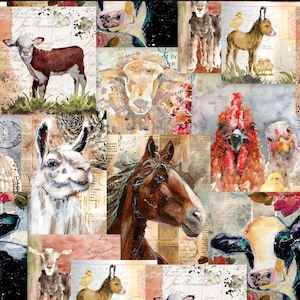 New! "Farm Life" Animal Collage, Cows, Horses, Farm Fabric! 100% Cotton. 1/4, 1/2, or 1 yd x 44"! Multi•By Clothworks•Same Day Ship!