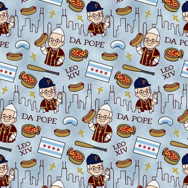New! "Leo XIV" Da Pope, Religious,  Catholic Fabric! 100% Cotton•1/4, 1/2, 1 yd x 44"•Blue/Multi•By Paintbrush Studio! Fast Ship!