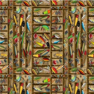 New! "Cabin Rules" Tackle Box Lures, Fishing, Fish Fabric! 100% Cotton•1/4, 1/2, or 1 yd x 45"! Timeless Treasures• Fast Ship!